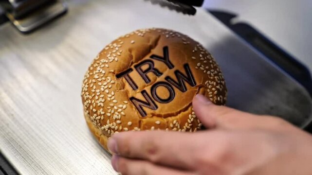 Try Now Stamp on bun, Person using a burger brander on a sesame seed bun on a metal surface close up