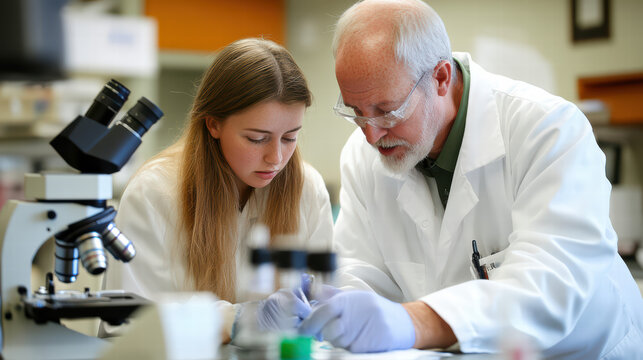 Scientific Mentorship: A focused scene in a laboratory, where a seasoned professor provides guidance to a dedicated student as they work with a microscope.