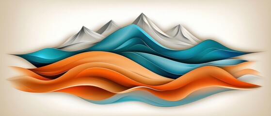 A digital illustration of a stylized mountain range with flowing orange and blue waves.