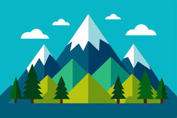 Simple Flat Design Landscape with Mountains and Green Trees in Ultra HD Vector Illustration Background