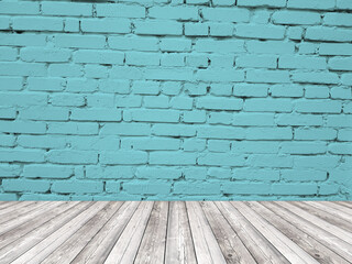 Interior room with brick wall and wooden floor.