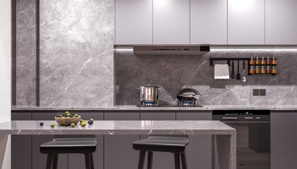 The kitchen elements are seen under cool white lighting, emphasizing a clean, crisp, and highly functional aesthetic.