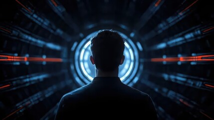 Fototapeta premium Futuristic Technology Concept With Person Gazing Into Abstract Light Tunnel in Dark Environment