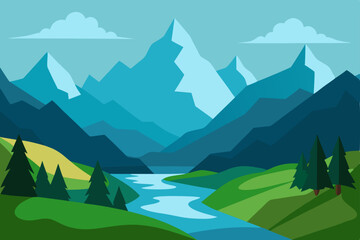 Fototapeta premium Breathtaking Scenic Mountain Valley Panorama View in Stunning 4K Vector Illustration Background