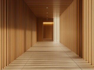 Fototapeta premium Contemporary interior wooden hallway with warm light and shadows creating a calming atmosphere