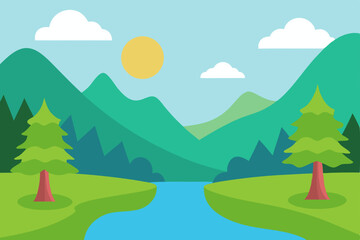 Fototapeta premium Tranquil Peaceful Nature Landscape Wallpaper with Lush Trees and Flowing River Vector Illustration Background