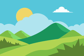 Vibrant Anime Style Landscape with Rolling Hills and Bright Sky Vector Illustration Background
