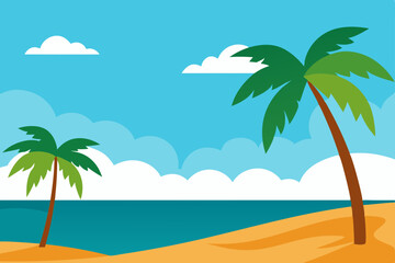 Fototapeta premium Idyllic Tropical Beach with Swaying Palm Trees and Clear Sky Wallpaper Vector Illustration Background