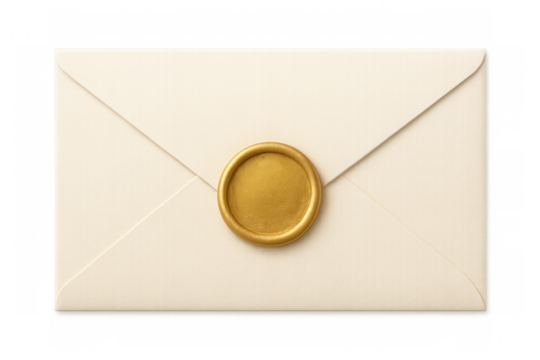 Closed white envelope with golden wax seal isolated on transparent background, perfect for communication, invitation, and message concepts