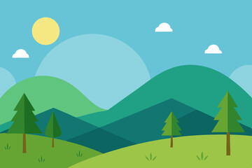 Obraz premium Clean Minimal Nature Landscape with Rolling Hills and Trees Wallpaper Vector Illustration Background
