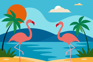 Elegant Flamingos Standing on a Beautiful Tropical Shore Vector Illustration Background