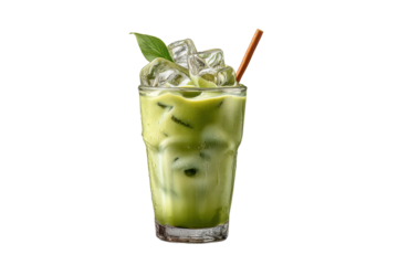 PNG Refreshing iced matcha latte with bamboo straw and mint leaf garnish