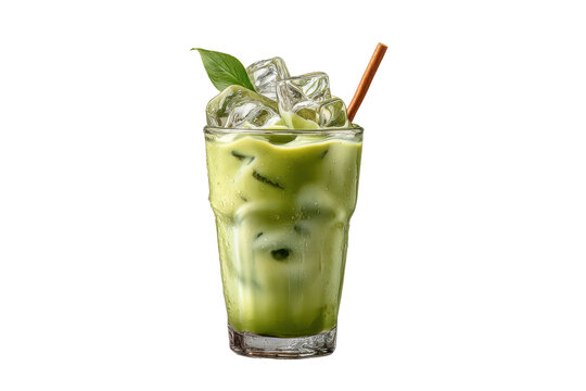 PNG Refreshing iced matcha latte with bamboo straw and mint leaf garnish