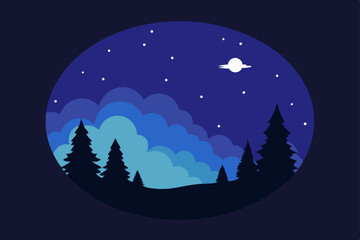 Mysterious Cosmic Sky with Dark Forest Silhouette Vector Illustration Background