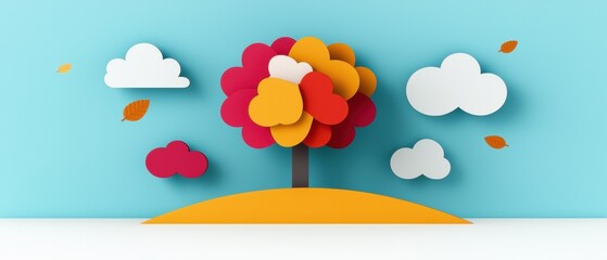 A whimsical autumn scene featuring a tree with colorful leaves and falling leaves, set against a light blue background.