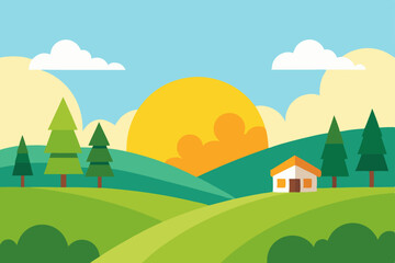 Naklejka premium Refreshing Fresh Summer Morning Scene in the Peaceful Countryside Vector Illustration Background