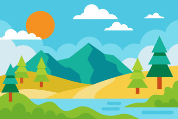 Beautiful AI Generated Summer Landscape in Soft Watercolor Style Vector Illustration Background