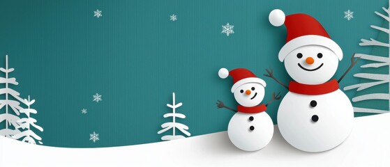 A digital illustration of two snowmen, one larger and one smaller, wearing Santa hats and red scarves, standing in a snowy landscape with trees and snowflakes.