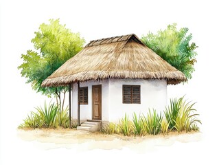 Charming rural house with thatched roof surrounded by lush greenery and garden plants in a serene environment