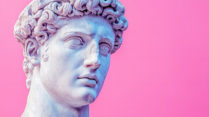 Marble Statue on Vibrant Backdrop: A captivating photograph showcases the intricate details of a classic marble sculpture against a bold, modern backdrop.