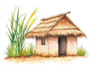 Traditional Grass Roof Hut Surrounded by Green Plants and Decorative Grass in Watercolor Style