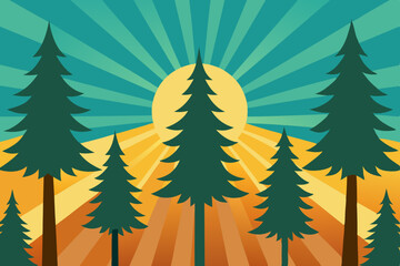 Fototapeta premium Majestic Tall Pine Trees with Golden Sun Rays Shining Through in Ultra HD Vector Illustration Background