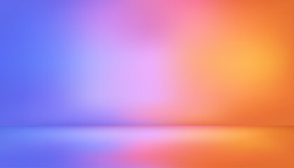 Studio with neon background in purple and orange tones, empty room and dark reflective wallpaper for dancing, music, parties or product display.