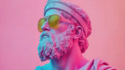 Ancient Sculpture in the Neon: An eye-level shot of a classical marble sculpture, adorned with neon-tinted glasses, set against a dynamic, pink and blue gradient backdrop.