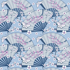 Seamless pattern with Chinese folding hand fan, Plum blossom, and butterfly on light blue background. Japanese vibes wallpaper. Chinoiserie illustration.