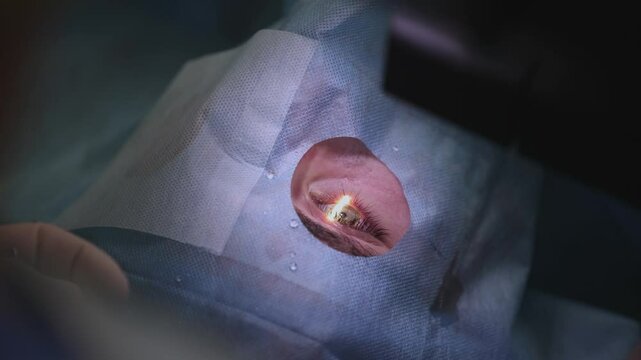 Lasik treatment. Laser vision correction. Doctor examines fundus in microscope, patient under sterile cover.