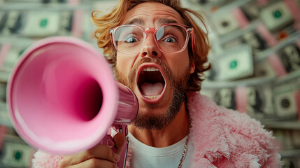 Stylish man shouting through a pink megaphone in front of a wall of money, representing bold expression and wealth