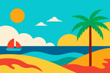 Obraz premium Dreamlike Surreal Beach World with Warm Summer Atmosphere Vector Illustration Background