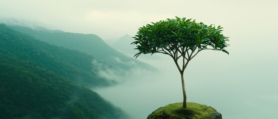 A small tree growing on a rock in the misty mountains.