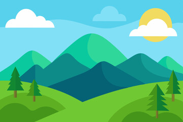 Simple Flat Design Nature Landscape Background with Rolling Hills Vector Illustration Background