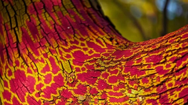 Close-up of bright red and yellow pattern on tree bark, showing texture and details on a branch surface, nature background