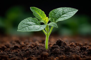 Tender sprout emerging from soil, showcasing germination and beginning of plant life cycle, illuminated against muted backdrop