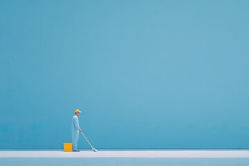 Fototapeta premium lone janitor sweeping floor in empty hallway showcasing his dedication to cleanliness