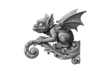 PNG Intricate stone gargoyle with wings on ornate scrollwork design