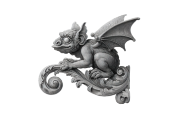 PNG Intricate stone gargoyle with wings on ornate scrollwork design