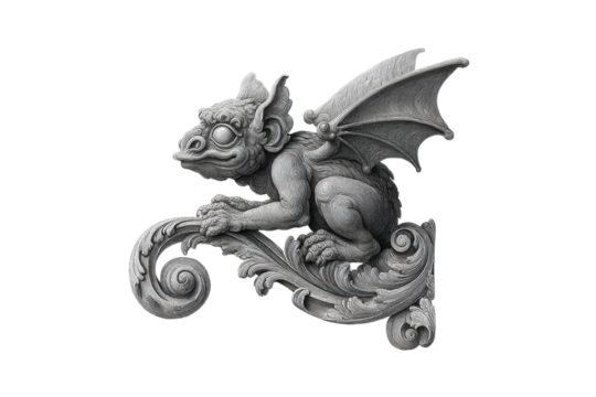 PNG Intricate stone gargoyle with wings on ornate scrollwork design