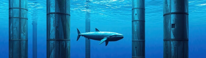 Obraz premium Underwater Scene Featuring a Fish Swimming Amongst Tall Columns Beneath a Clear Ocean Surface