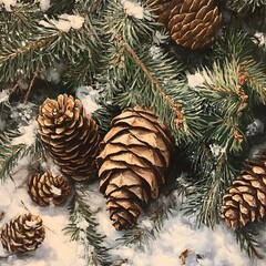 Winter scene of pine cones and branches covered in snow.