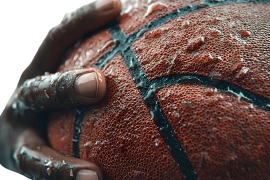 Closeup of a wet basketball held in hands