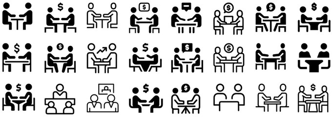 Obraz premium Business Meeting Icon Set – Collaboration, Negotiation, Teamwork: Icons depicting business meetings and teamwork, ideal for collaboration, negotiations, and corporate communication visuals.