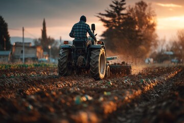 Obraz premium Farmer Drives Tractor Tilling Soil in Field During Sunset, Preparing Land for Planting Crops, Plowing Farmland