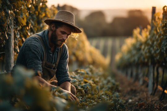 Man Tending Grape Vines in Vineyard at Sunset, Wearing Overalls and Hat, Agriculture and Harvest Season, Gardening