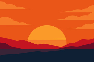 Warm Orange Sky at Dusk Reflecting Over Calm Water Wallpaper Vector Illustration Background