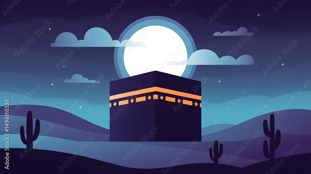 Fototapete a digital illustration of the kaaba in mecca at night, rendered in a minimalist flat design style. t