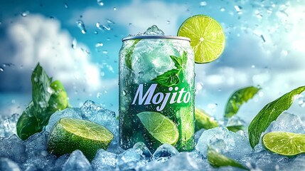 Refreshing beverage can with lime and ice.