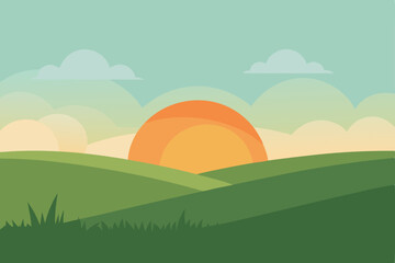 Fototapeta premium Gentle Soft Sunrise Light Illuminating Green Grass Field Vector Illustration Background